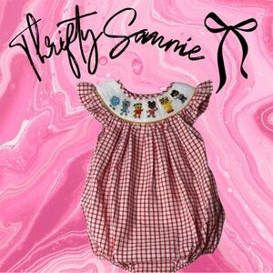 EUC Red Checkered Baby Romper with Embroidery smocked Daniel tiger 12 M